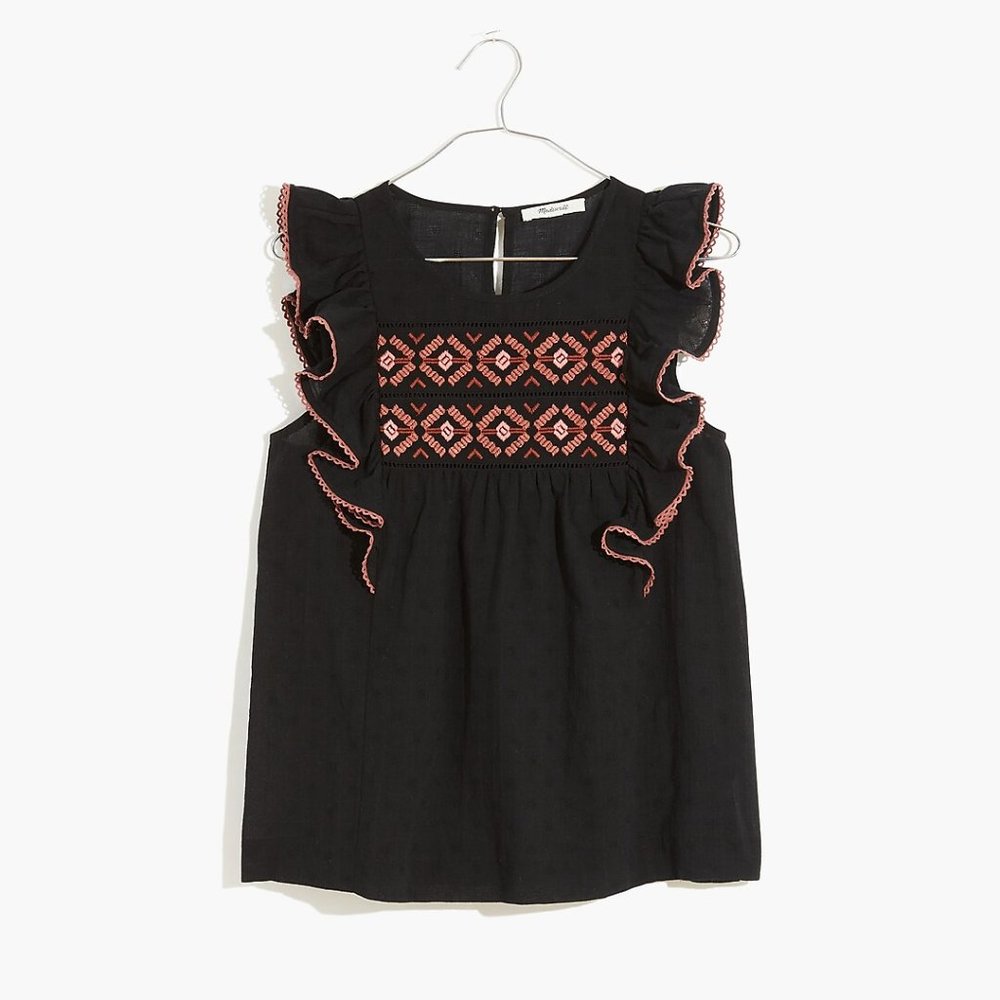 Madewell Embroidered Ruffle Shoulder Tank - Sz XXL - NWT